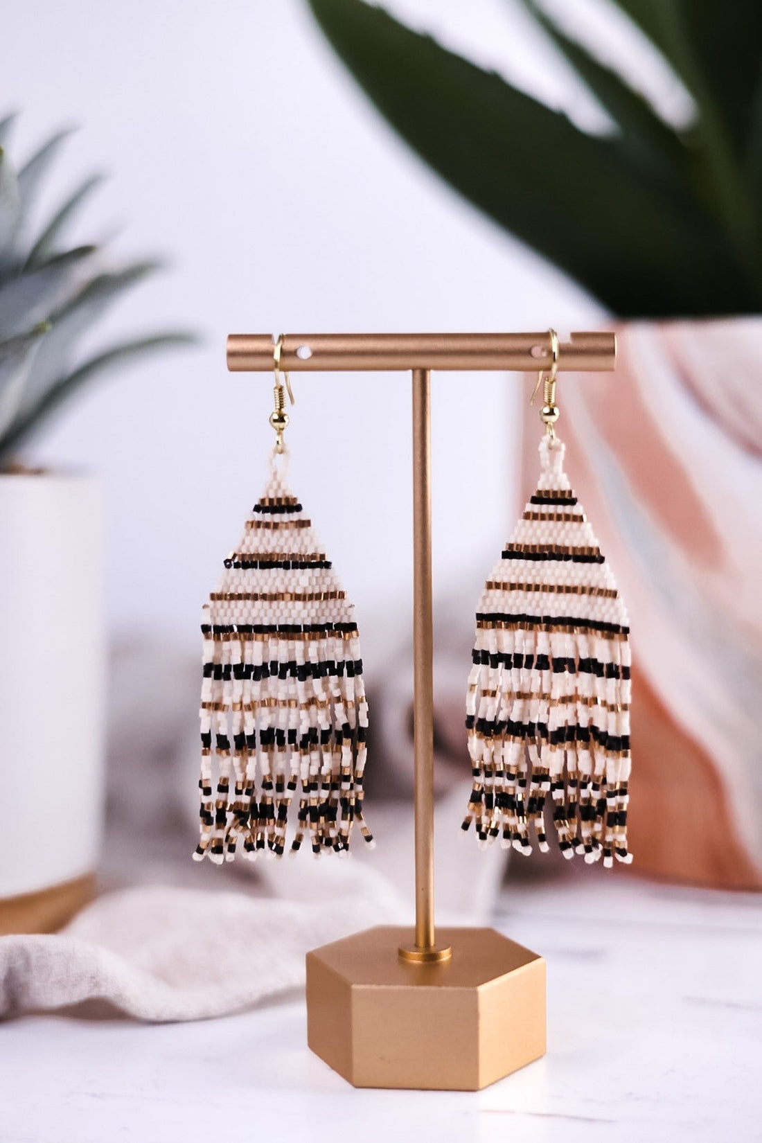 Lexie Horizontal Stripe Beaded Fringe Earrings Black - Whiskey Skies - INK+ALLOY