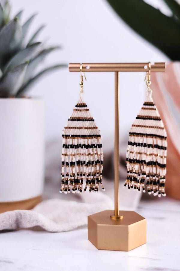 Lexie Horizontal Stripe Beaded Fringe Earrings Black - Whiskey Skies - INK+ALLOY