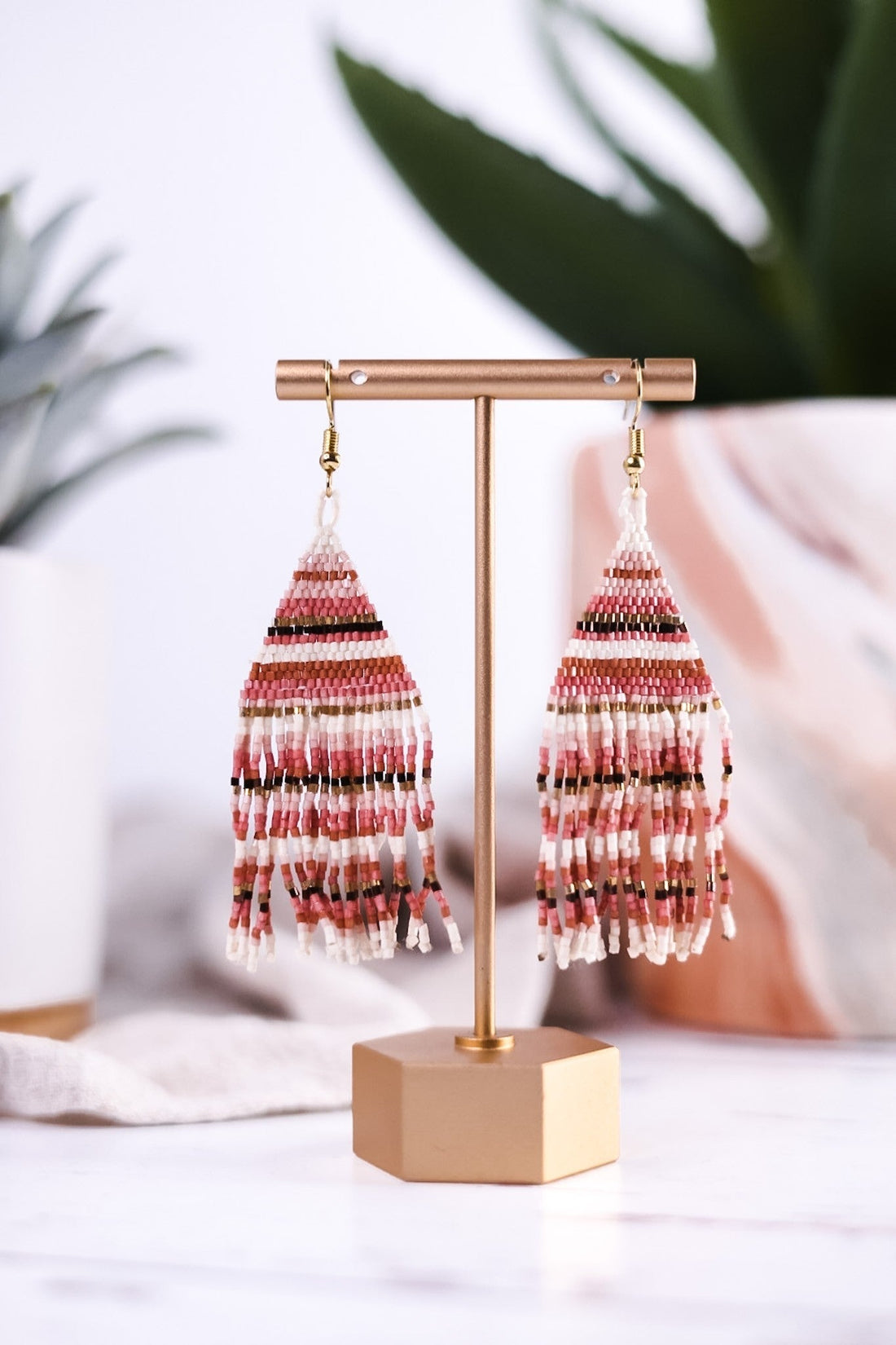 Lexie Horizontal Stripe Beaded Fringe Earrings Light Pink - Whiskey Skies - INK+ALLOY