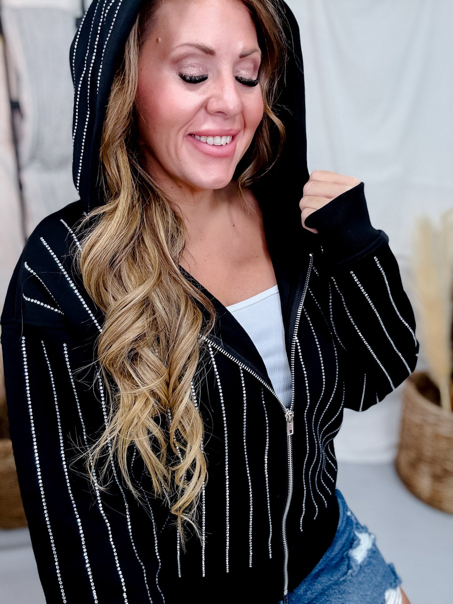 Licensed Chicago Bears Rhinestone Striped Zip Up Hoodie - Whiskey Skies - GAMEDAY COUTURE