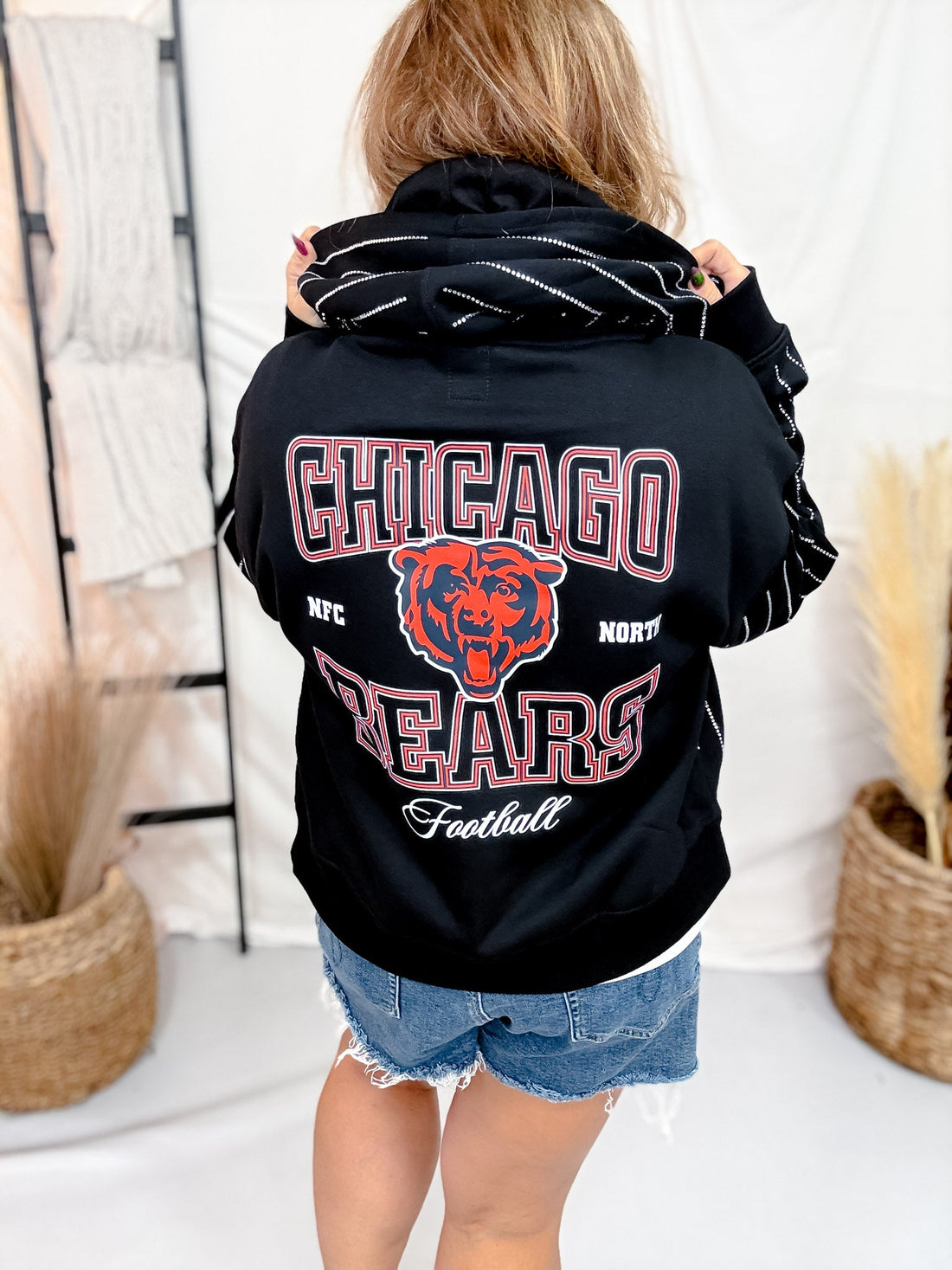 Licensed Chicago Bears Rhinestone Striped Zip Up Hoodie - Whiskey Skies - GAMEDAY COUTURE
