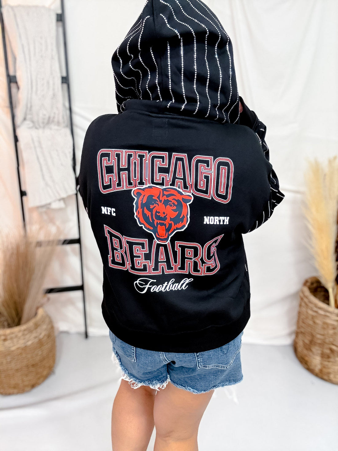 Licensed Chicago Bears Rhinestone Striped Zip Up Hoodie - Whiskey Skies - GAMEDAY COUTURE