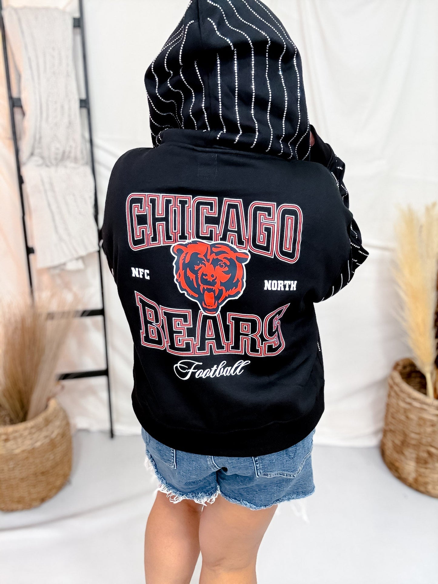 Licensed Chicago Bears Rhinestone Striped Zip Up Hoodie - Whiskey Skies - GAMEDAY COUTURE