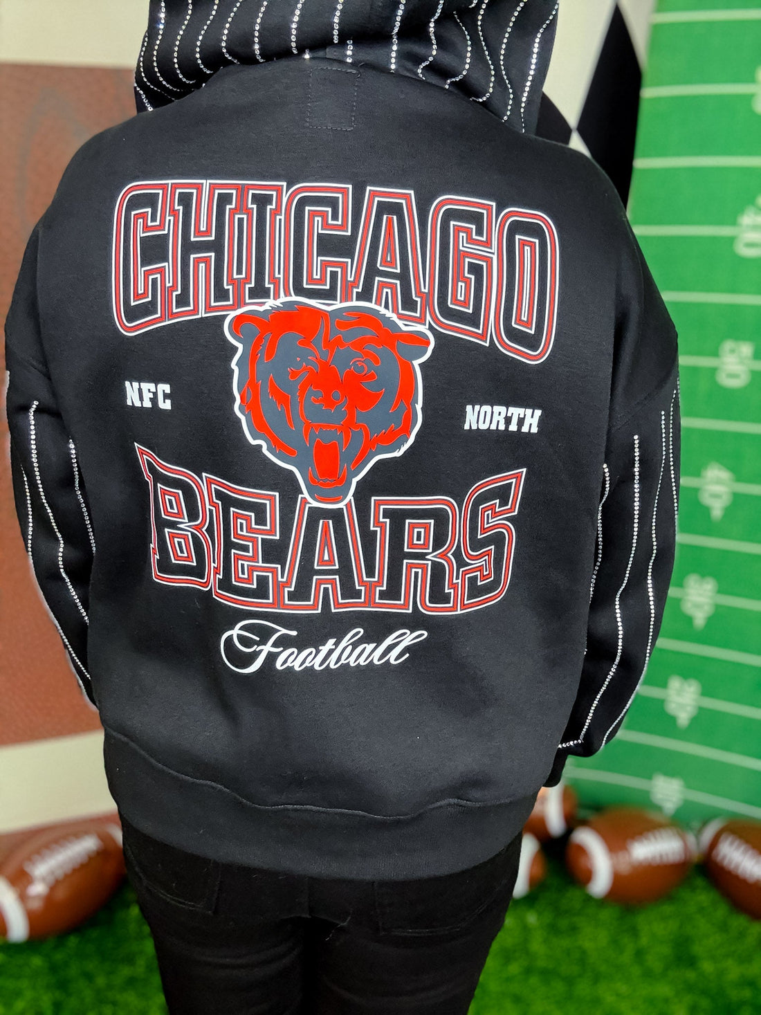 Licensed Chicago Bears Rhinestone Striped Zip Up Hoodie - Whiskey Skies - GAMEDAY COUTURE