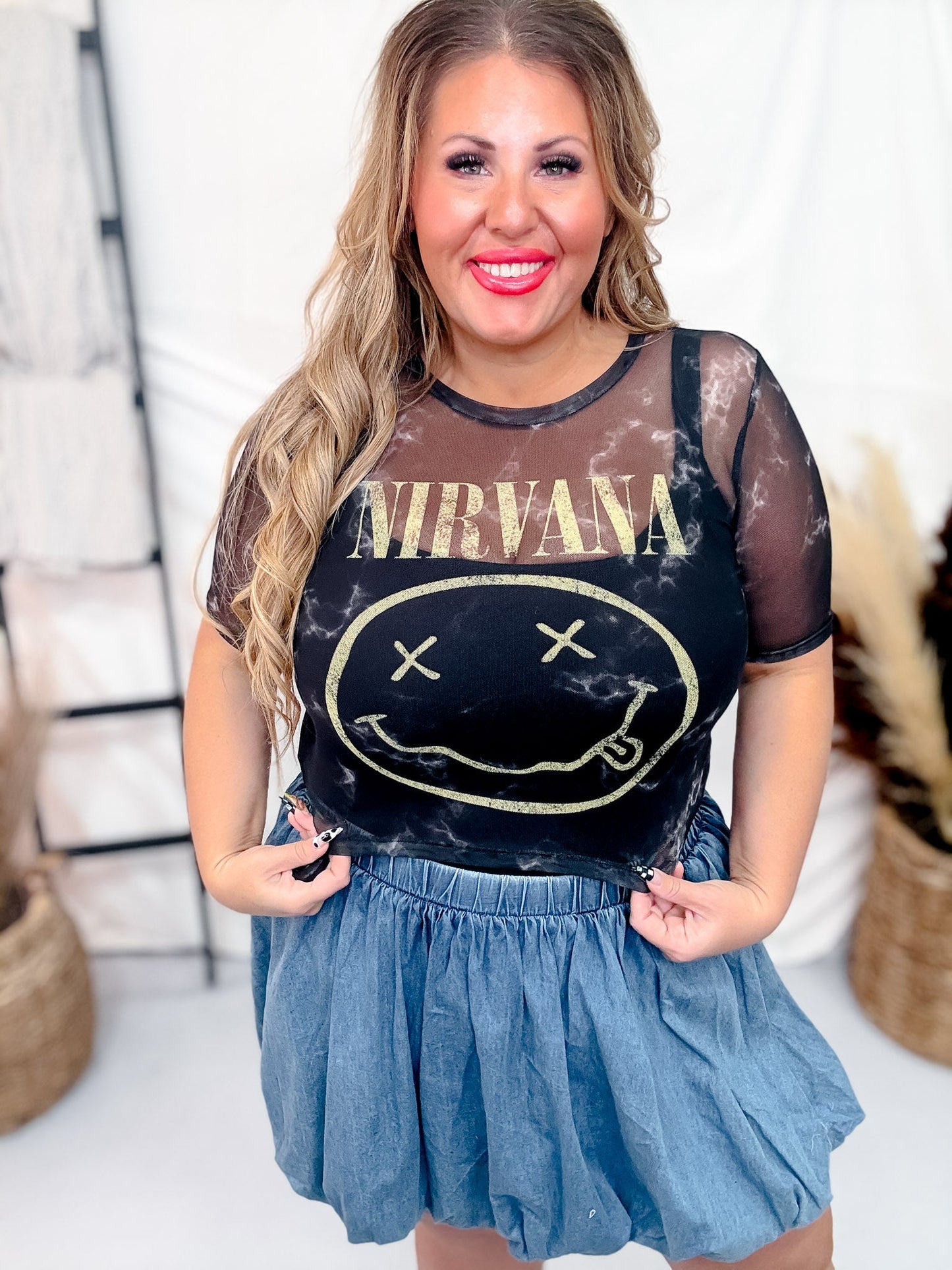 Licensed Nirvana Short Sleeve Mesh Midi Top - Whiskey Skies - ROCK OFF
