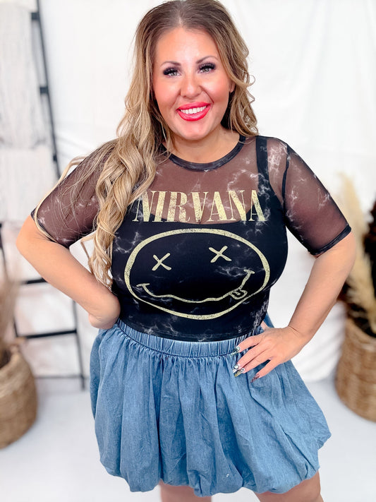 Licensed Nirvana Short Sleeve Mesh Midi Top - Whiskey Skies - ROCK OFF