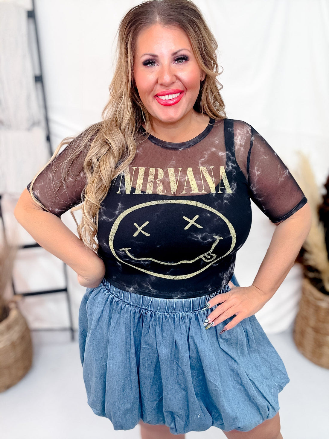 Licensed Nirvana Short Sleeve Mesh Midi Top - Whiskey Skies - ROCK OFF