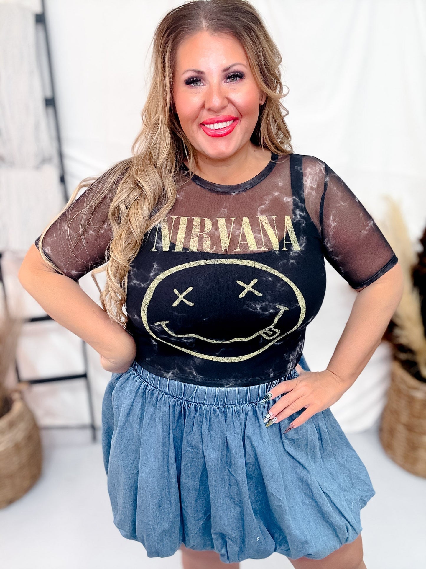Licensed Nirvana Short Sleeve Mesh Midi Top - Whiskey Skies - ROCK OFF