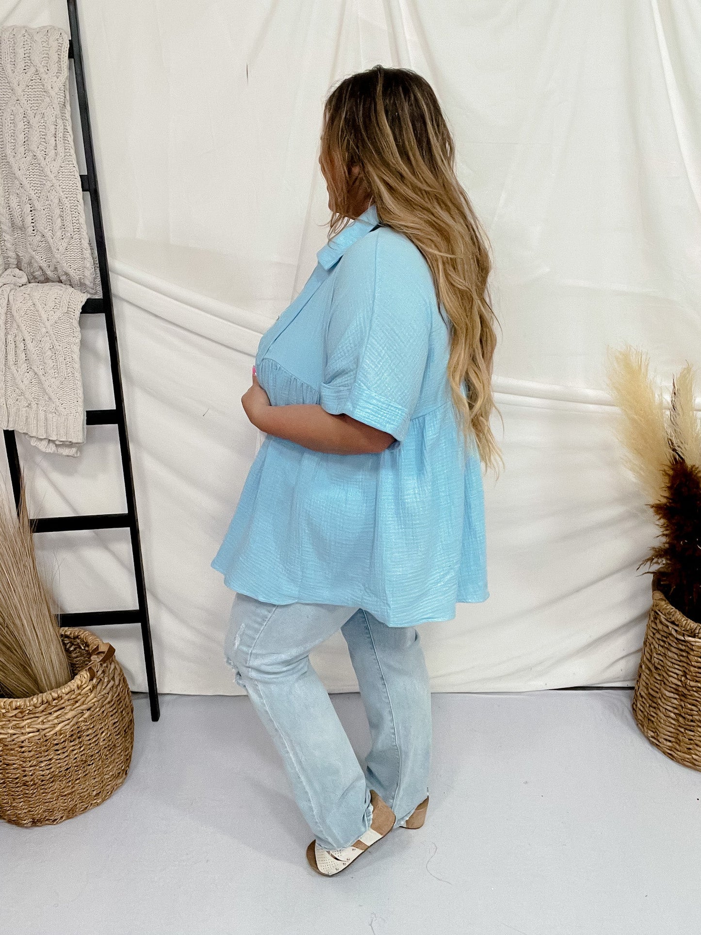 Light Blue Dolman Sleeve Babydoll Top - Whiskey Skies - ANDREE BY UNIT