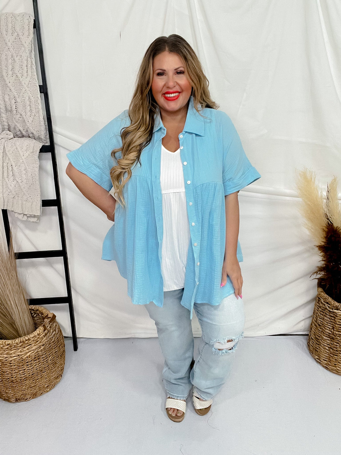 Light Blue Dolman Sleeve Babydoll Top - Whiskey Skies - ANDREE BY UNIT