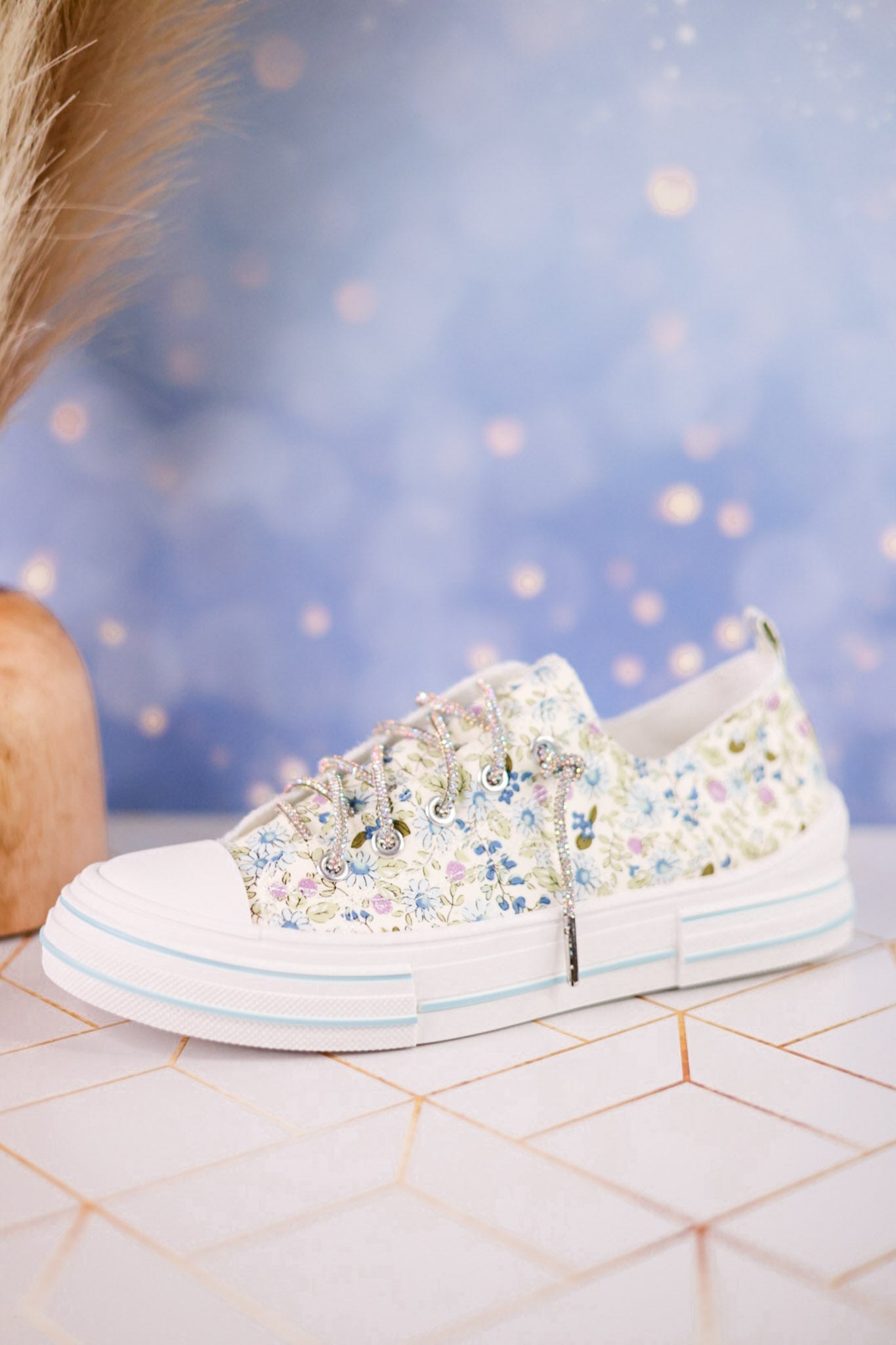 Light Blue Floral Aman Sneakers With Rhinestone Laces - Whiskey Skies - VERY G