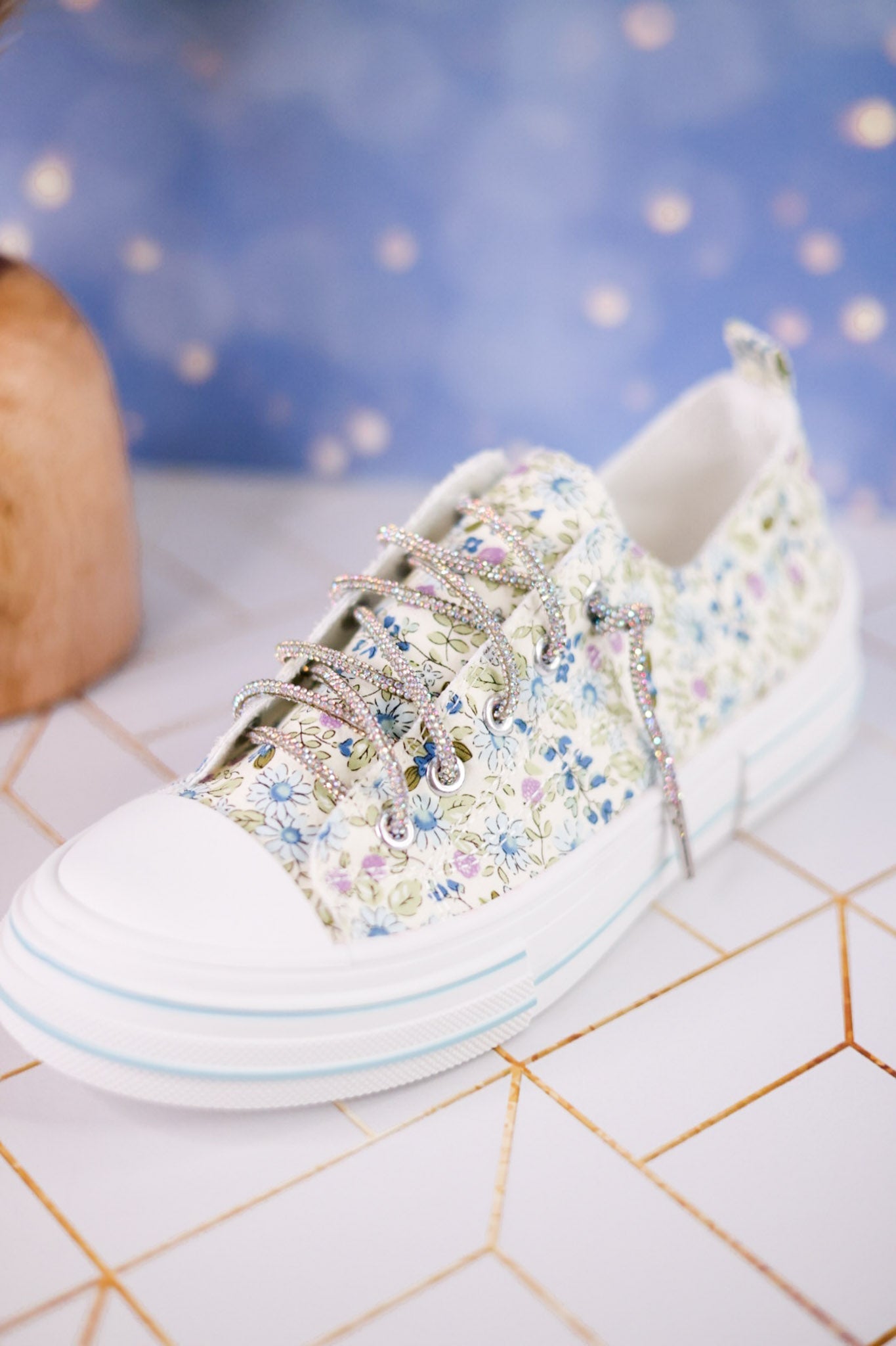 Light Blue Floral Aman Sneakers With Rhinestone Laces - Whiskey Skies - VERY G