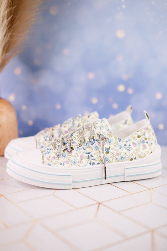 Light Blue Floral Aman Sneakers With Rhinestone Laces - Whiskey Skies - VERY G