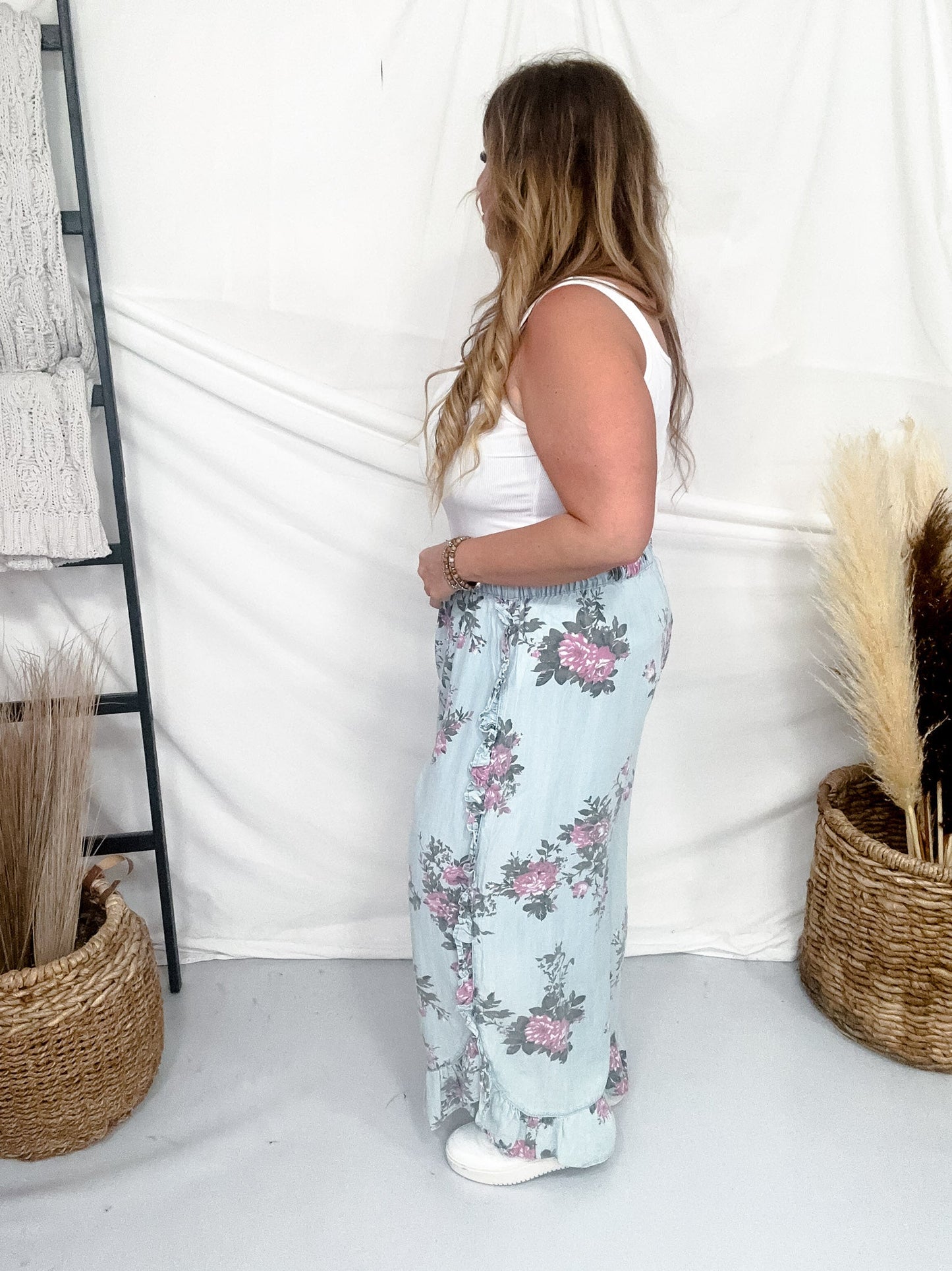 Light Blue Floral Chambray Pants With Ruffled Hem - Whiskey Skies - EASEL