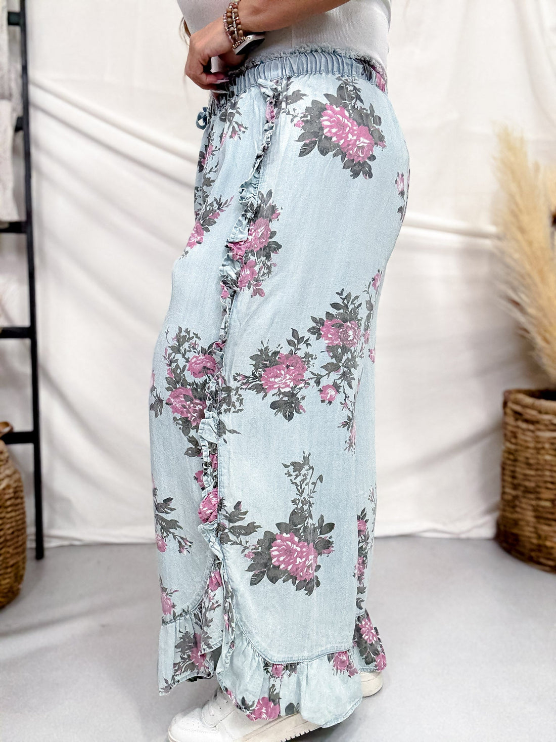 Light Blue Floral Chambray Pants With Ruffled Hem - Whiskey Skies - EASEL