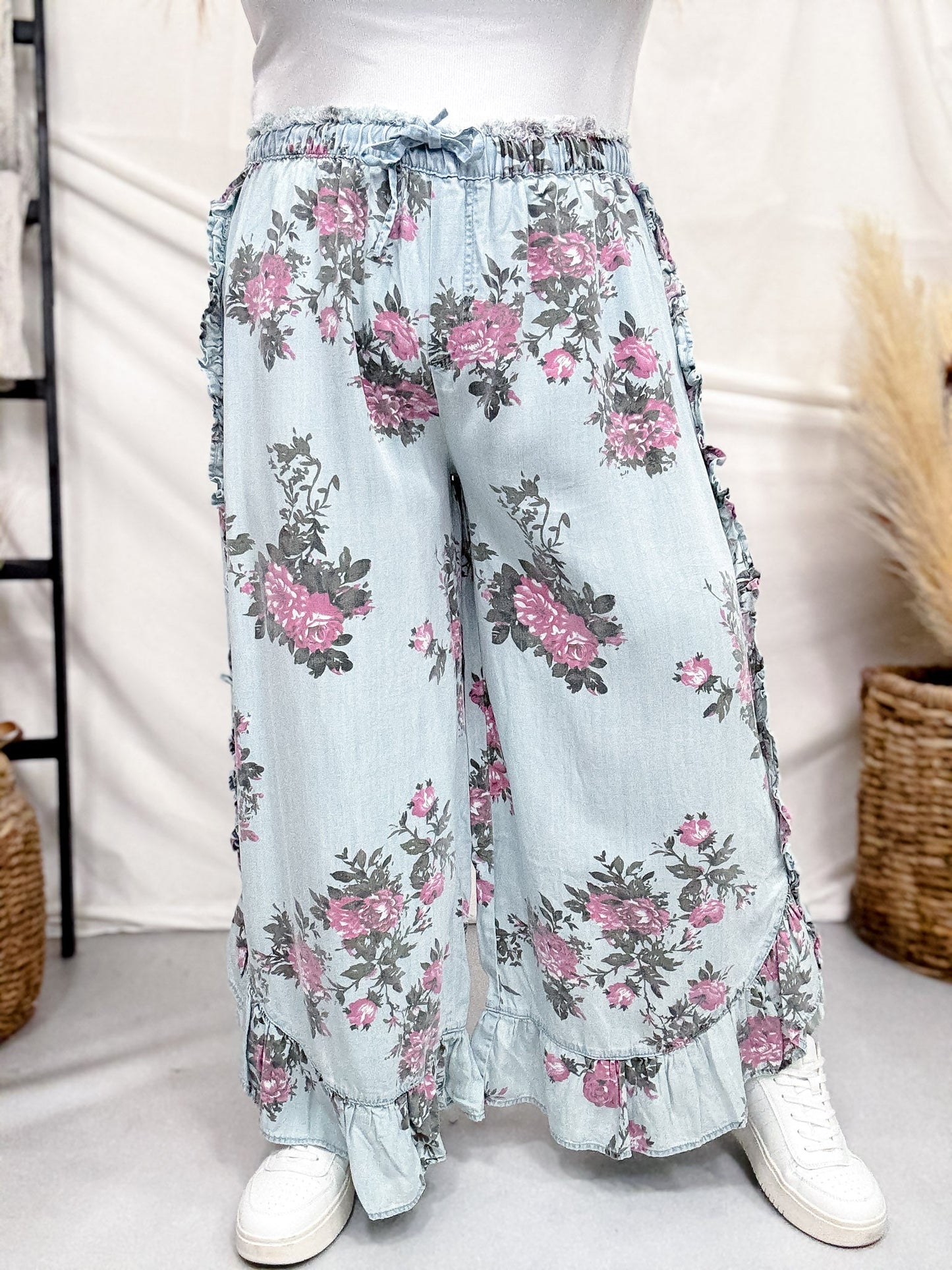 Light Blue Floral Chambray Pants With Ruffled Hem - Whiskey Skies - EASEL