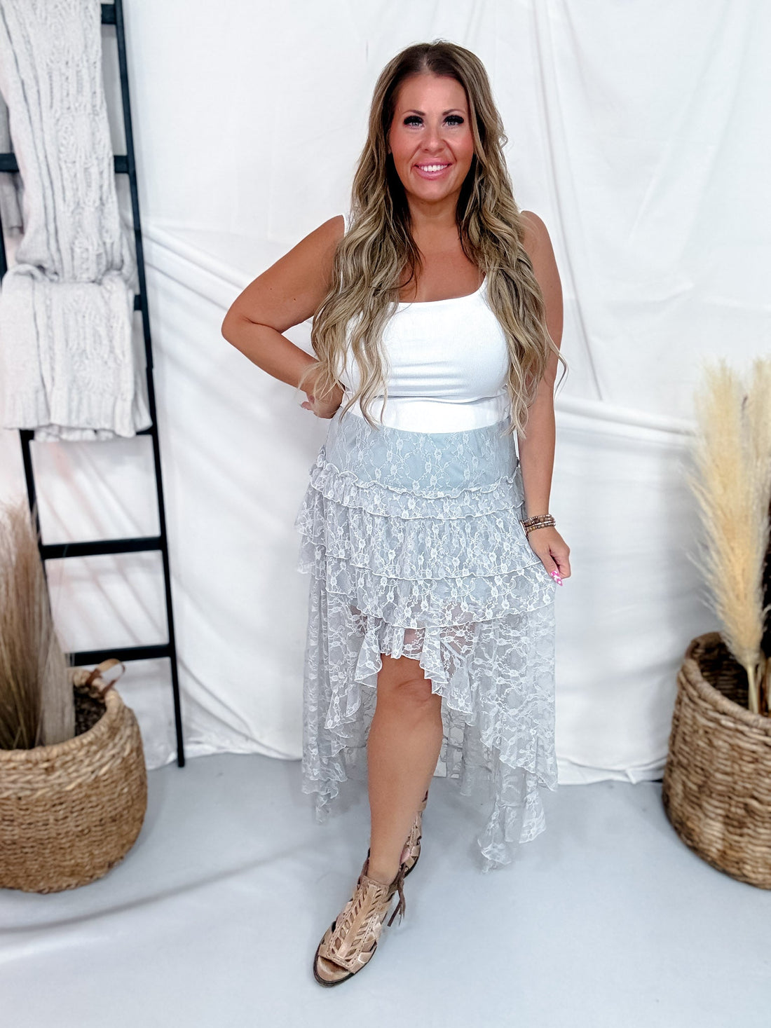 Light Blue Lace Tiered Maxi Skirt - Whiskey Skies - POLAGRAM + BAEVELY
