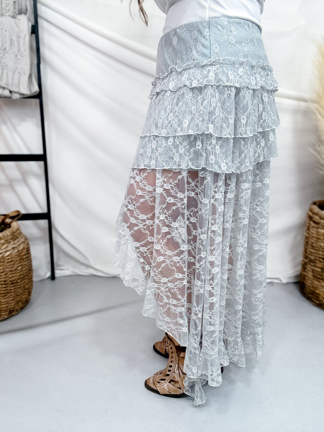 Light Blue Lace Tiered Maxi Skirt - Whiskey Skies - POLAGRAM + BAEVELY