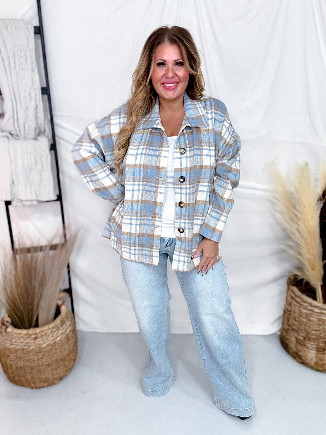 Light Blue Plaid Button Down Shacket - Whiskey Skies - ANDREE BY UNIT