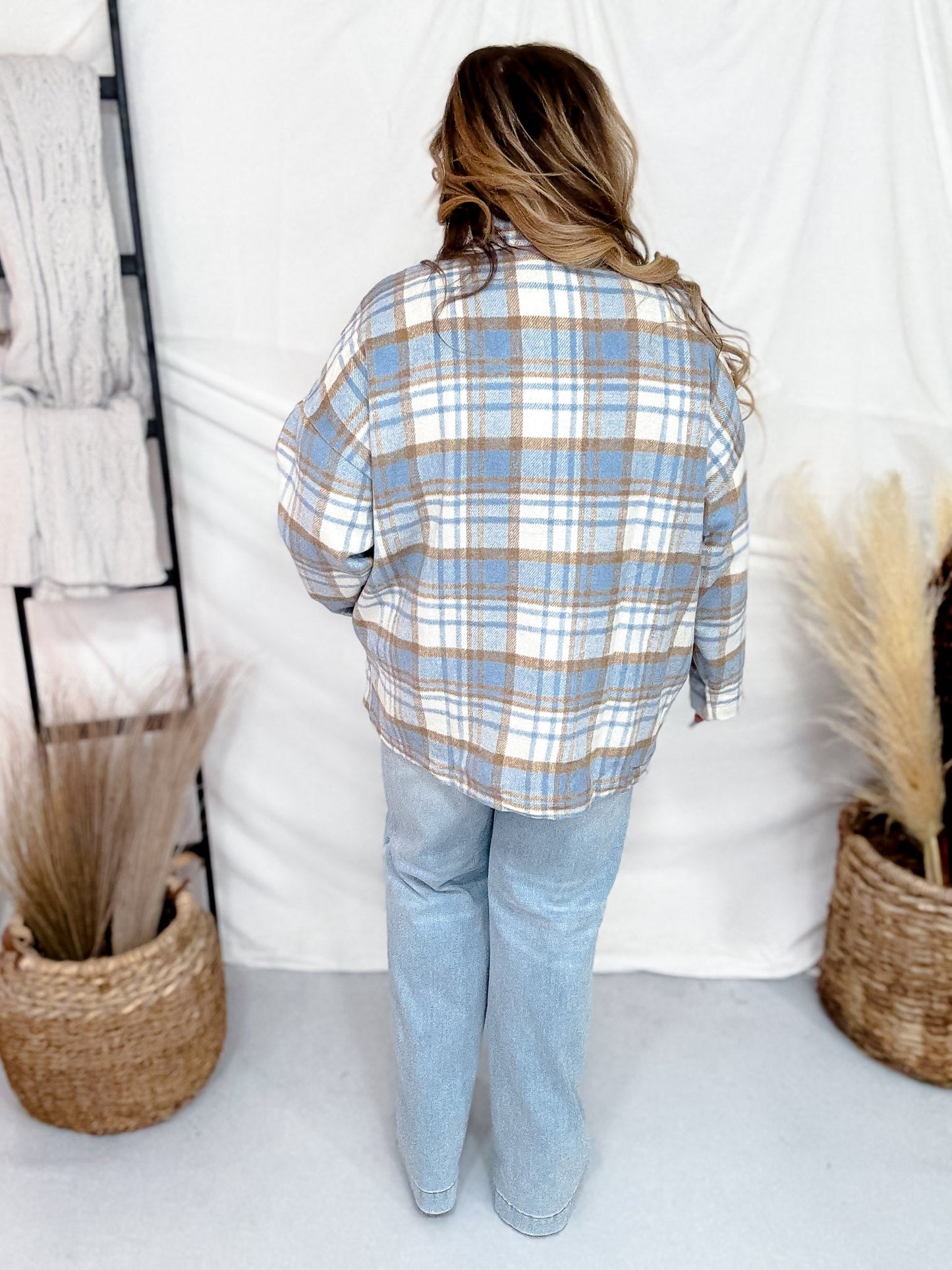 Light Blue Plaid Button Down Shacket - Whiskey Skies - ANDREE BY UNIT