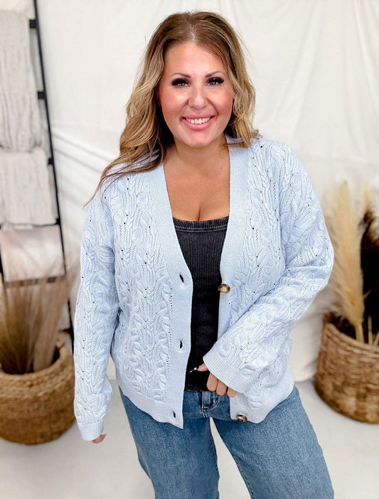 Light Blue Solid Knit Cardigan - Whiskey Skies - WHITE BIRCH