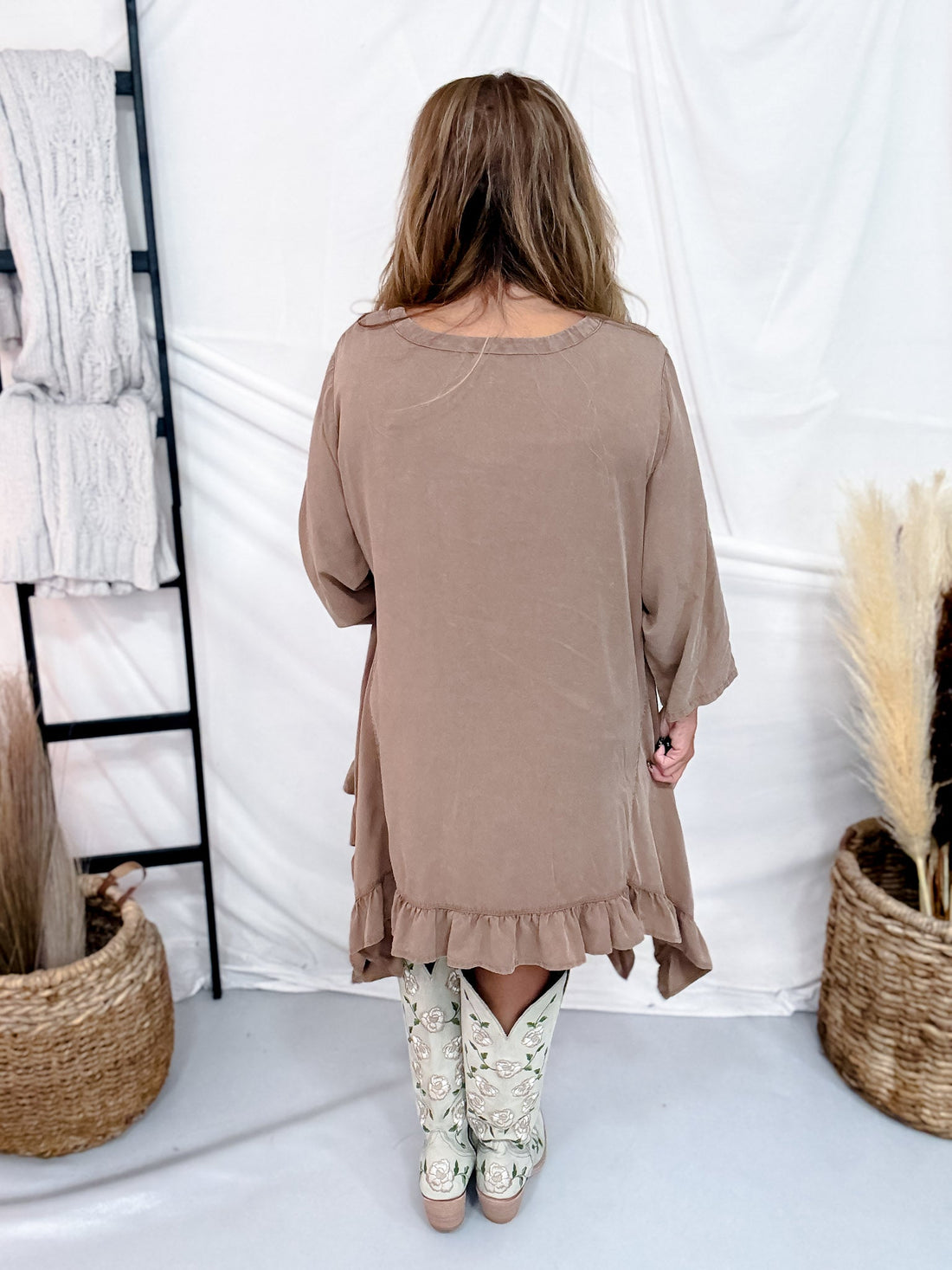 Light Brown 3/4 Sleeve High Low Tunic Dress With Ruffled Hems - Whiskey Skies - BLUEVELVET