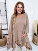 Light Brown 3/4 Sleeve High Low Tunic Dress With Ruffled Hems - Whiskey Skies - BLUEVELVET