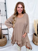 Light Brown 3/4 Sleeve High Low Tunic Dress With Ruffled Hems - Whiskey Skies - BLUEVELVET