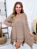 Light Brown 3/4 Sleeve High Low Tunic Dress With Ruffled Hems - Whiskey Skies - BLUEVELVET