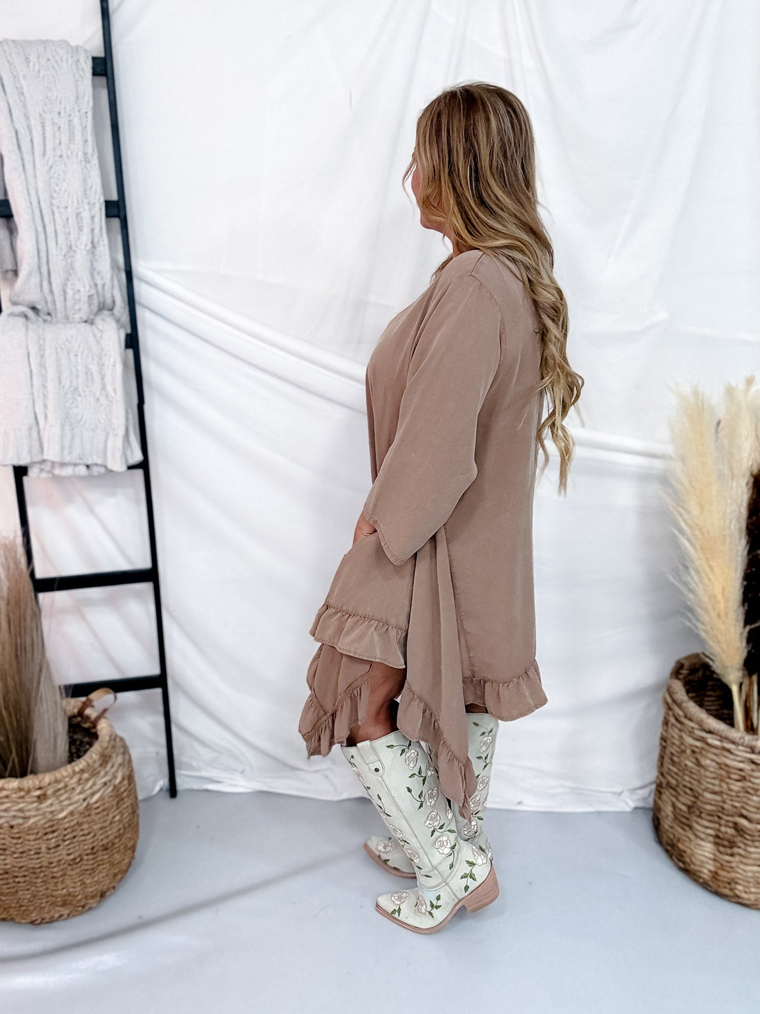 Light Brown 3/4 Sleeve High Low Tunic Dress With Ruffled Hems - Whiskey Skies - BLUEVELVET