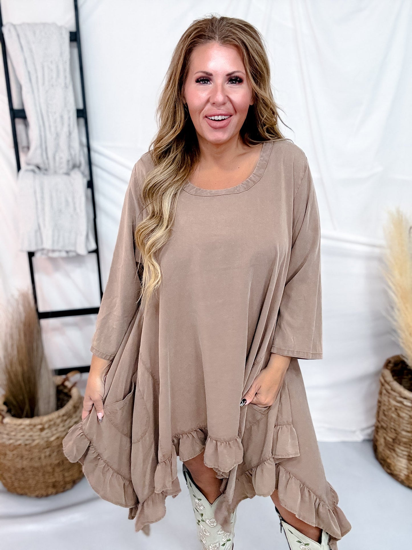 Light Brown 3/4 Sleeve High Low Tunic Dress With Ruffled Hems - Whiskey Skies - BLUEVELVET