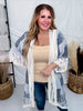 Light Denim Patchwork 3/4 Sleeve Cardigan W/ Lace Details - Whiskey Skies - POL CLOTHING INC.