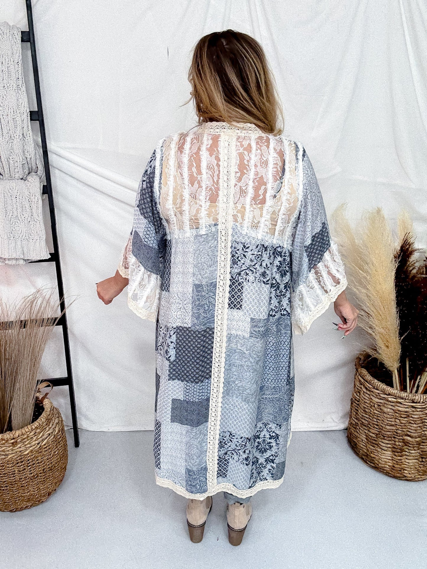 Light Denim Patchwork 3/4 Sleeve Cardigan W/ Lace Details - Whiskey Skies - POL CLOTHING INC.