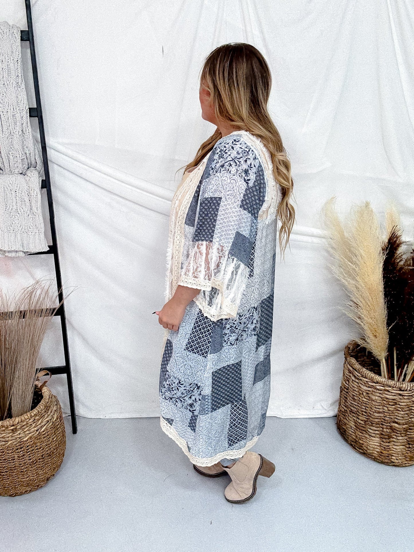 Light Denim Patchwork 3/4 Sleeve Cardigan W/ Lace Details - Whiskey Skies - POL CLOTHING INC.