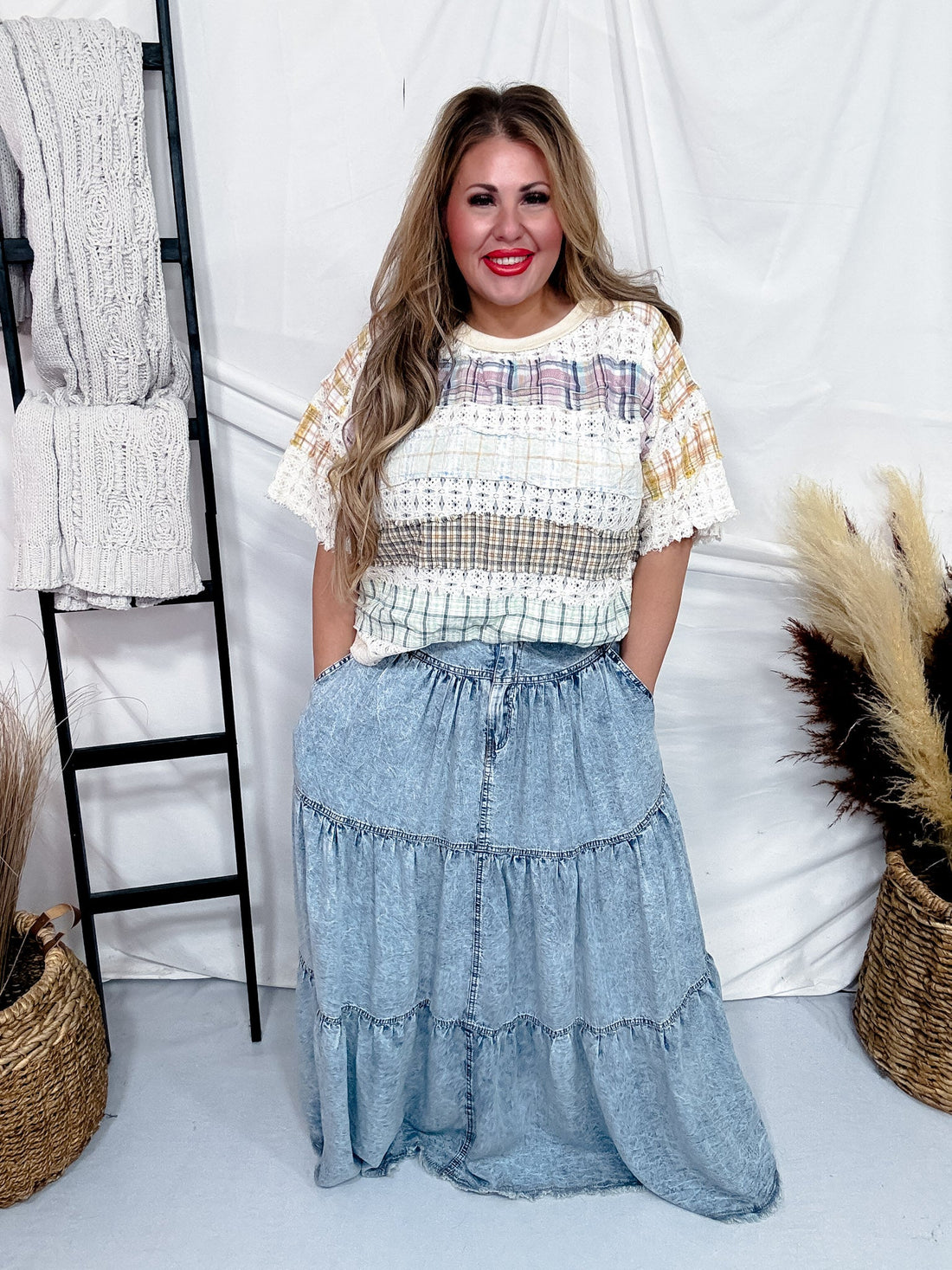 Light Denim Smocked Back Maxi Skirt - Whiskey Skies - BLUEVELVET