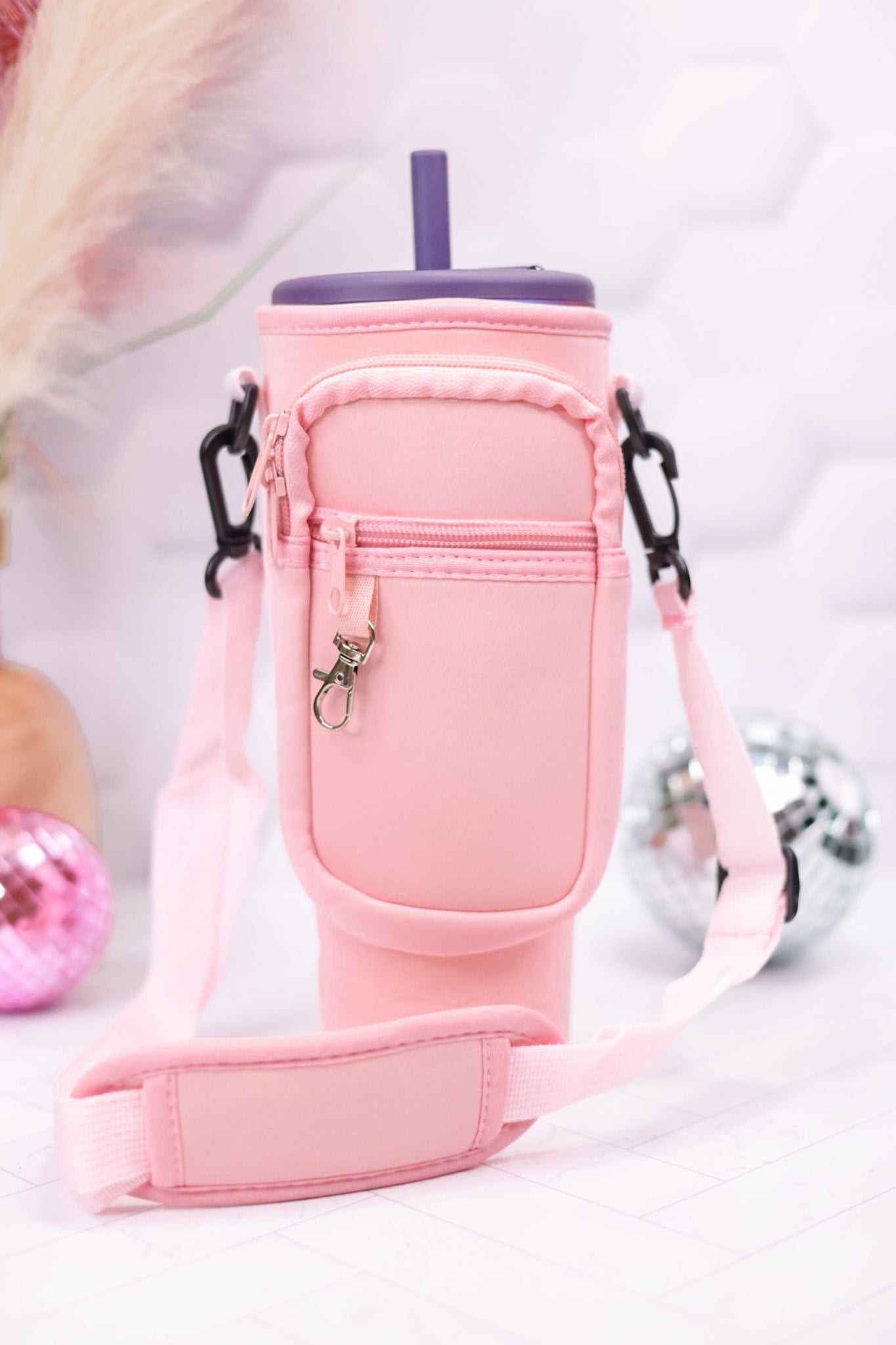 Light Pink Tumbler Holder with Strap and Zipper Pouch - Whiskey Skies - CAINIAO