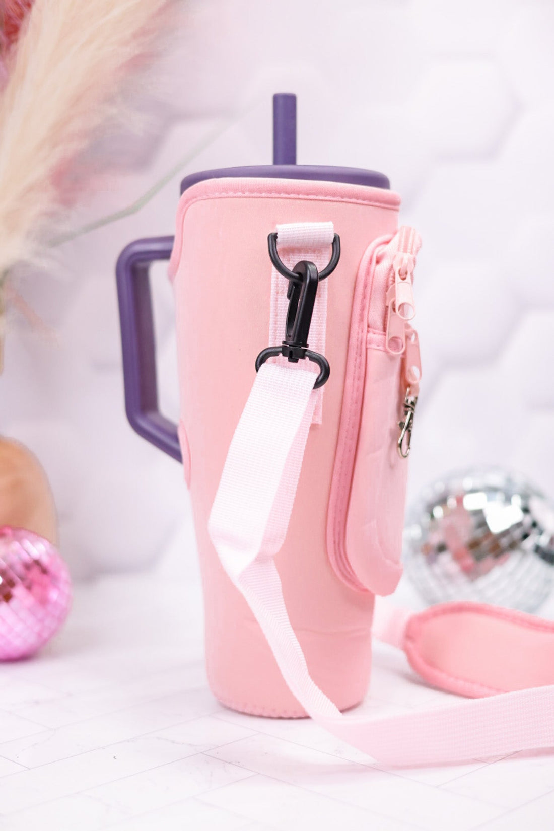 Light Pink Tumbler Holder with Strap and Zipper Pouch - Whiskey Skies - CAINIAO