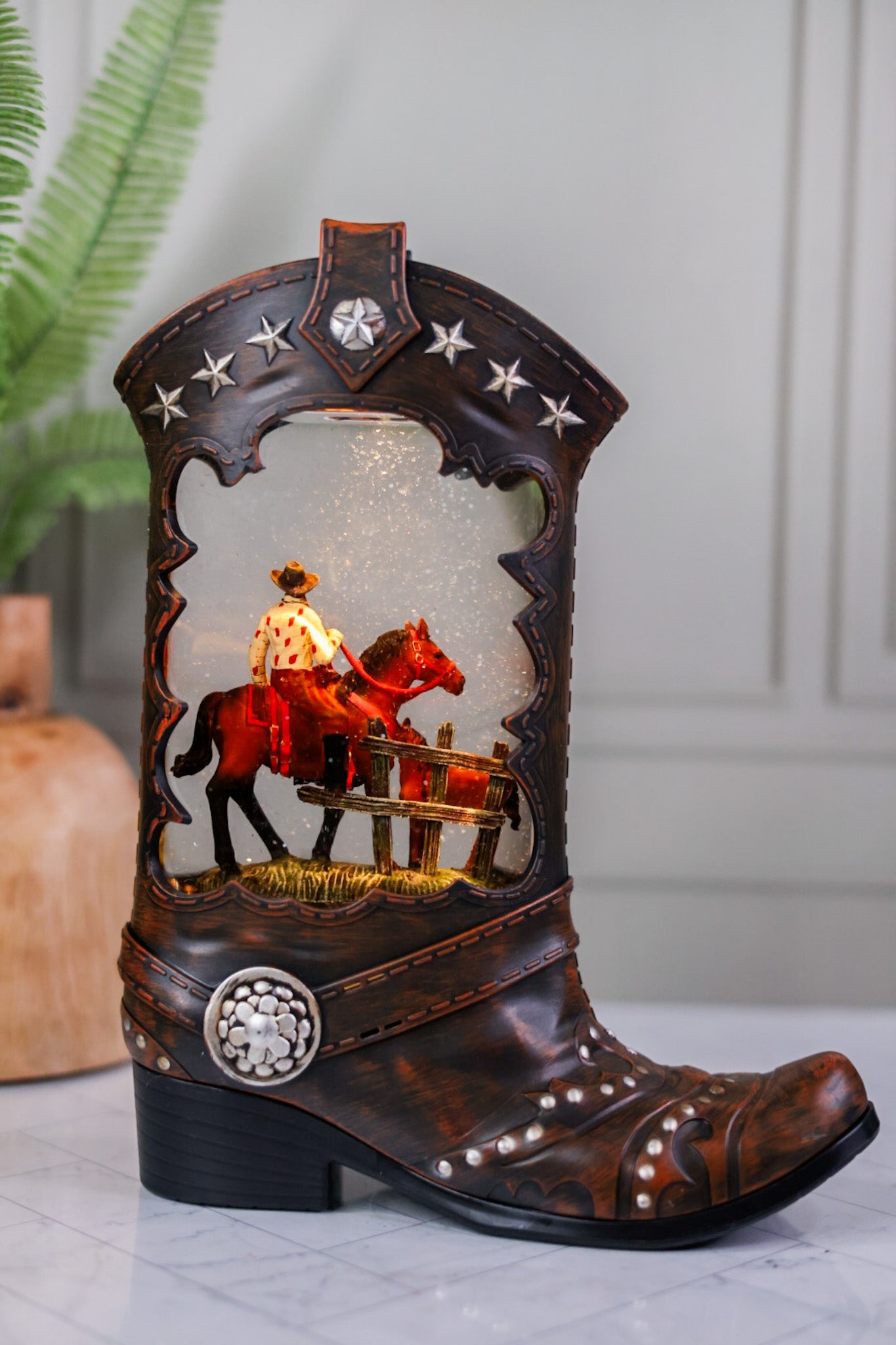 LIghted Cowboy Boot Water Globe - Whiskey Skies - GERSON COMPANIES