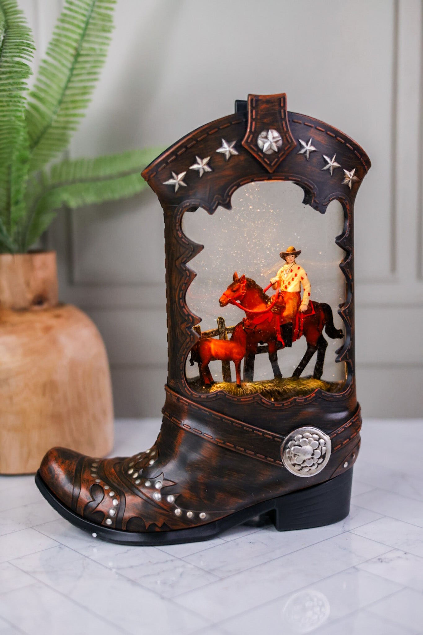 LIghted Cowboy Boot Water Globe - Whiskey Skies - GERSON COMPANIES