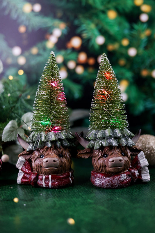 Lighted Resin Christmas Highland Cow W/ Tree (2 Styles) - Whiskey Skies - GERSON COMPANIES