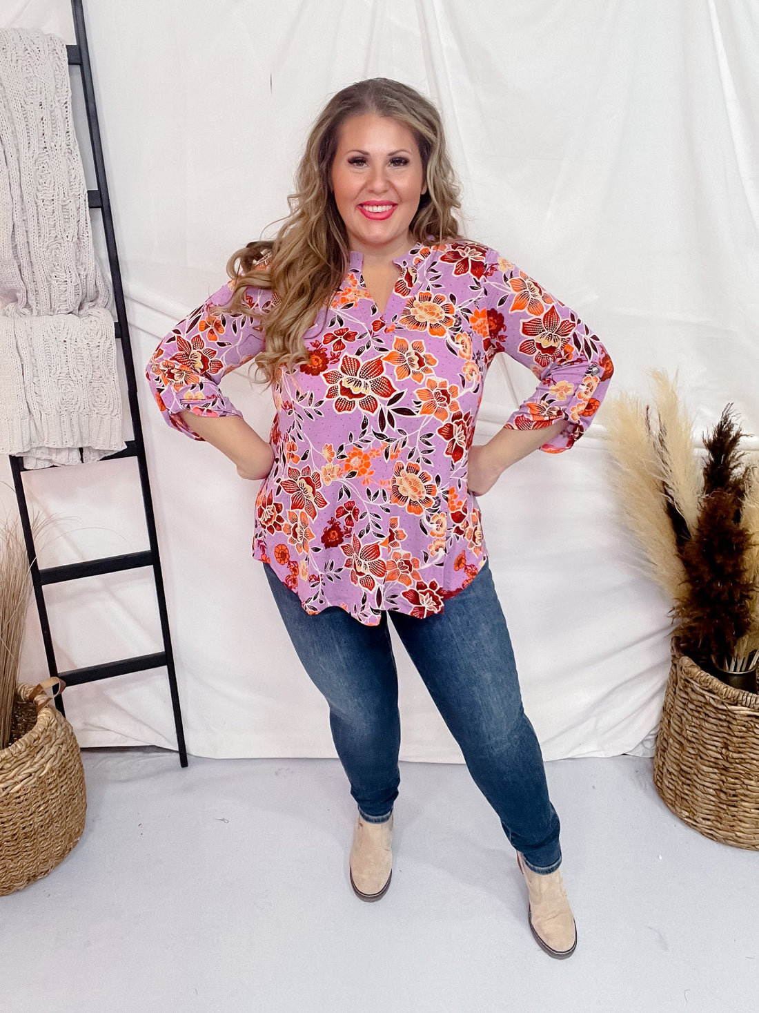 Lilac Floral Lizzy Top with 3/4 Sleeves - Whiskey Skies - DEAR SCARLETT