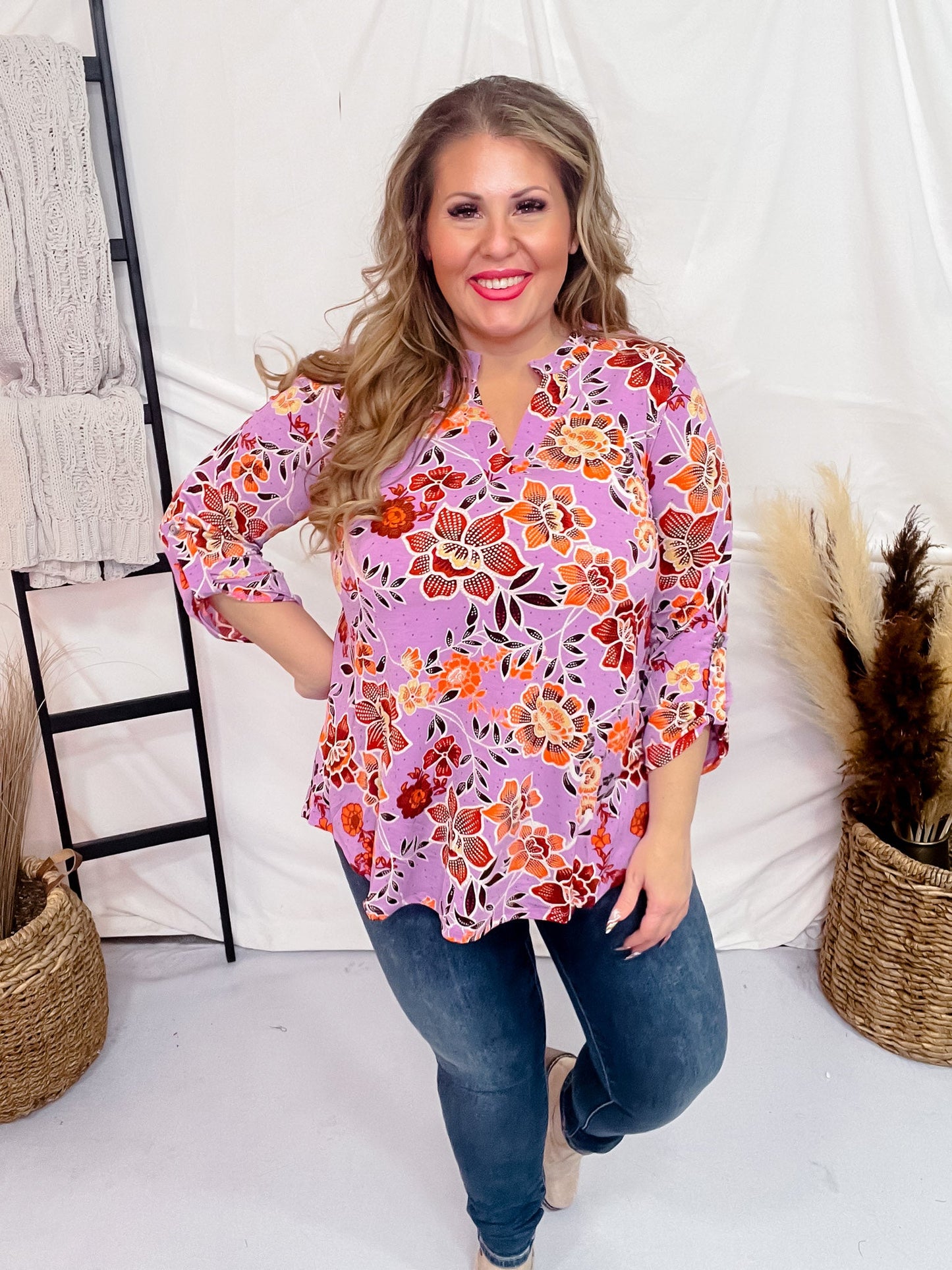 Lilac Floral Lizzy Top with 3/4 Sleeves - Whiskey Skies - DEAR SCARLETT