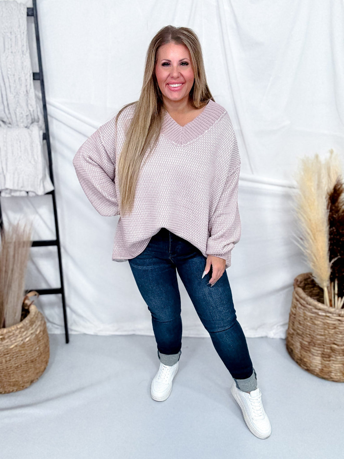 Lilac & Ivory Two Tone V - Neck Knit Sweater - Whiskey Skies - BIBI