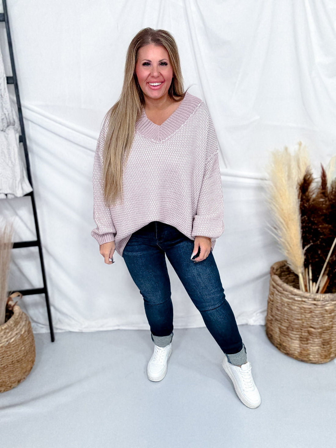 Lilac & Ivory Two Tone V - Neck Knit Sweater - Whiskey Skies - BIBI