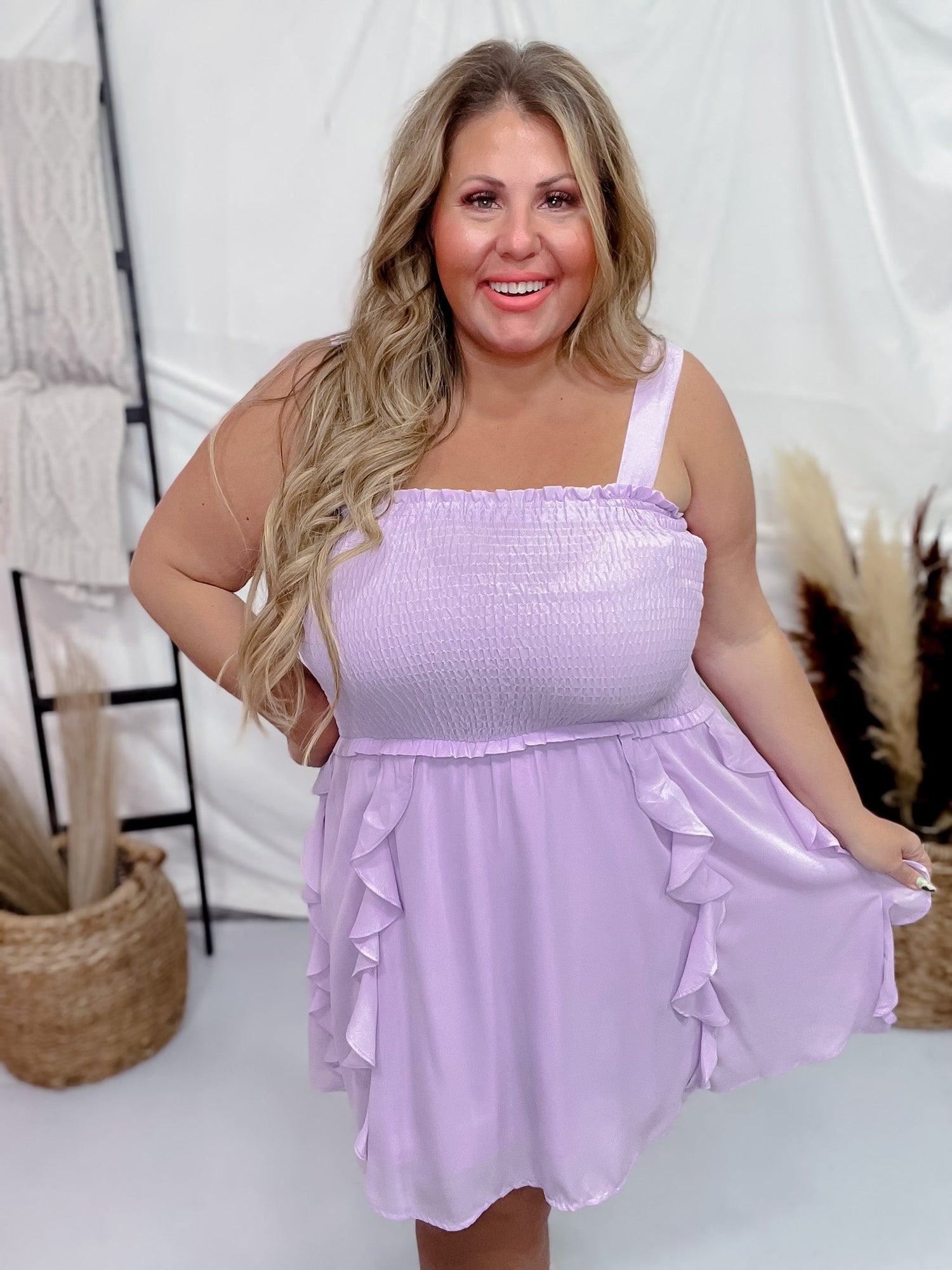 Lilac Smocked Ruffle Bottom Dress - Whiskey Skies 1XL Lilac Smocked Ruffle Bottom Dress - Whiskey Skies 1XL