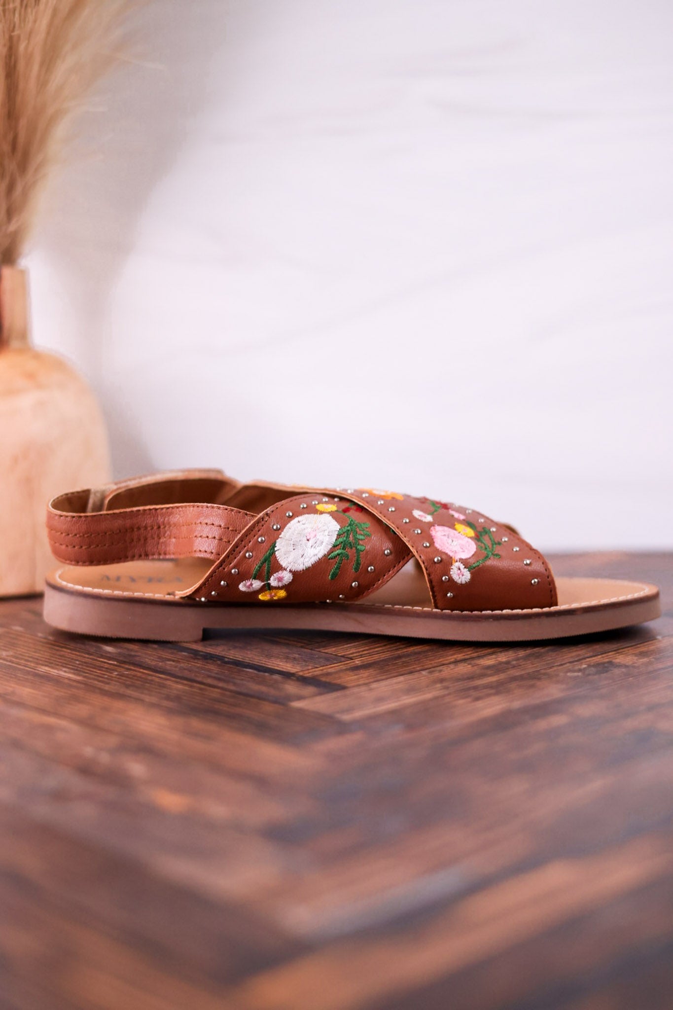 Lilytrail Floral Embroidered Tan Leather Sandals - Whiskey Skies - MYRA BAGS