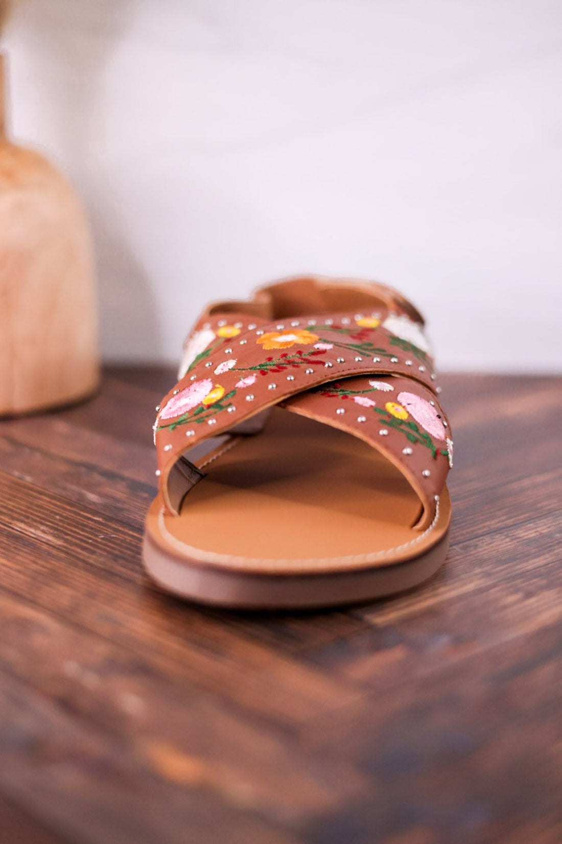 Lilytrail Floral Embroidered Tan Leather Sandals - Whiskey Skies - MYRA BAGS