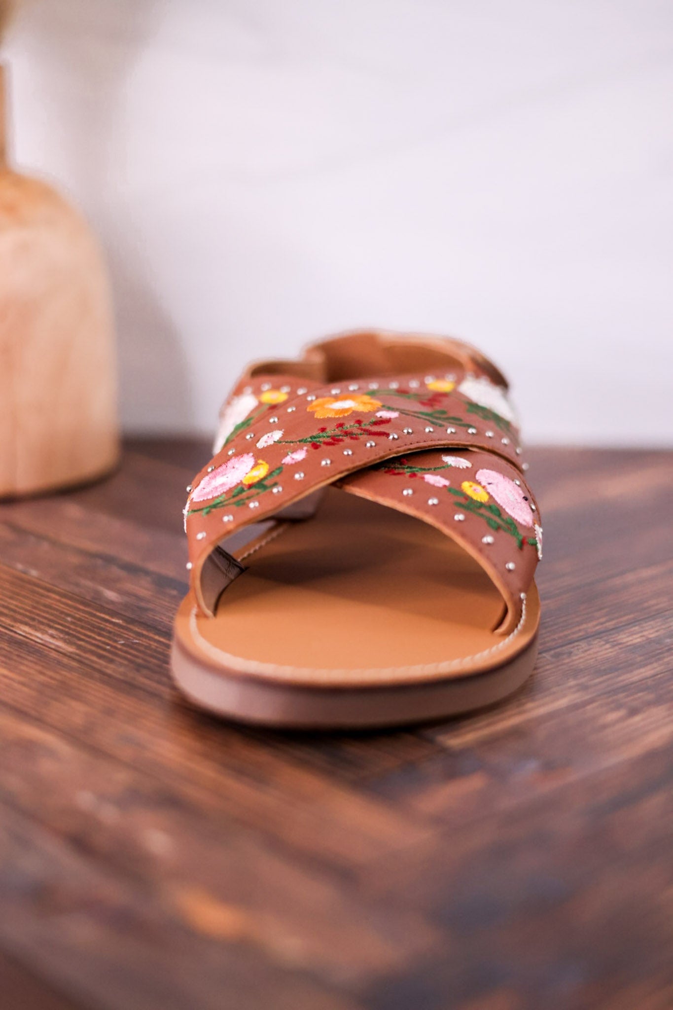 Lilytrail Floral Embroidered Tan Leather Sandals - Whiskey Skies - MYRA BAGS