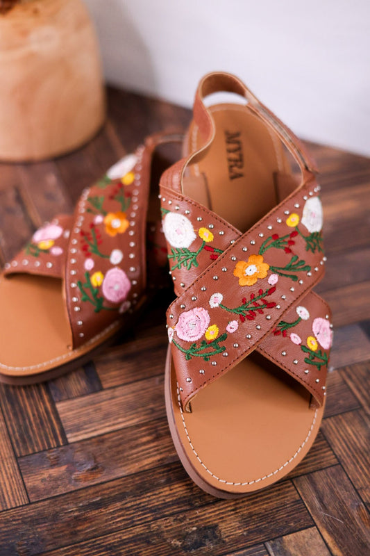 Lilytrail Floral Embroidered Tan Leather Sandals - Whiskey Skies - MYRA BAGS