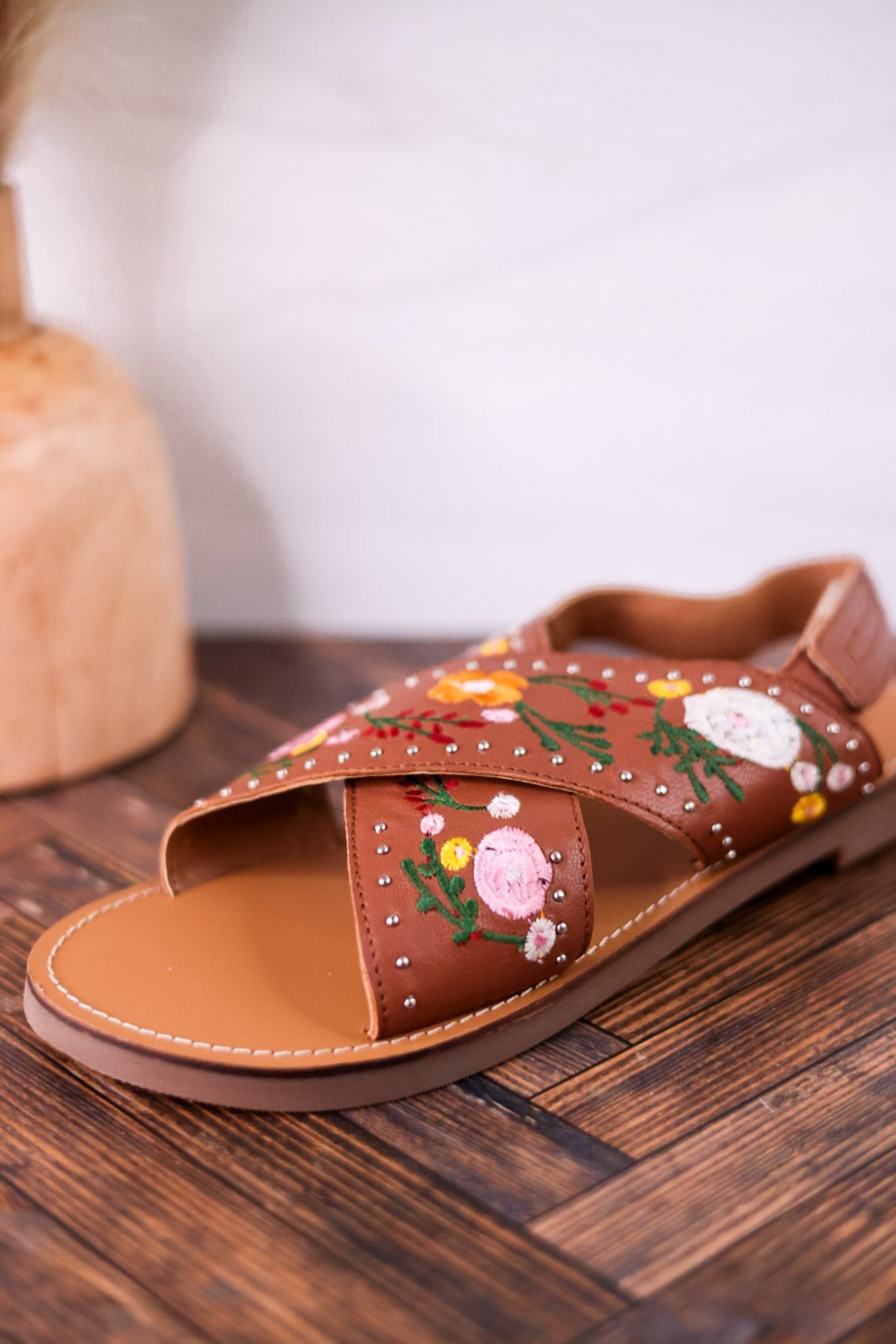 Lilytrail Floral Embroidered Tan Leather Sandals - Whiskey Skies - MYRA BAGS
